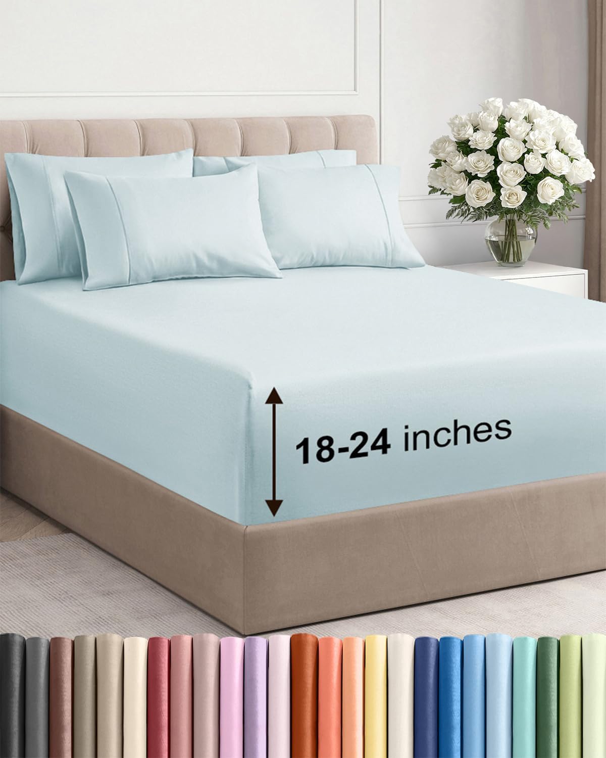 Skiennix Extra Deep Full Sheet Set - 6 Piece Breathable Cooling Bedding - Soft Wrinkle-Free Ice Blue