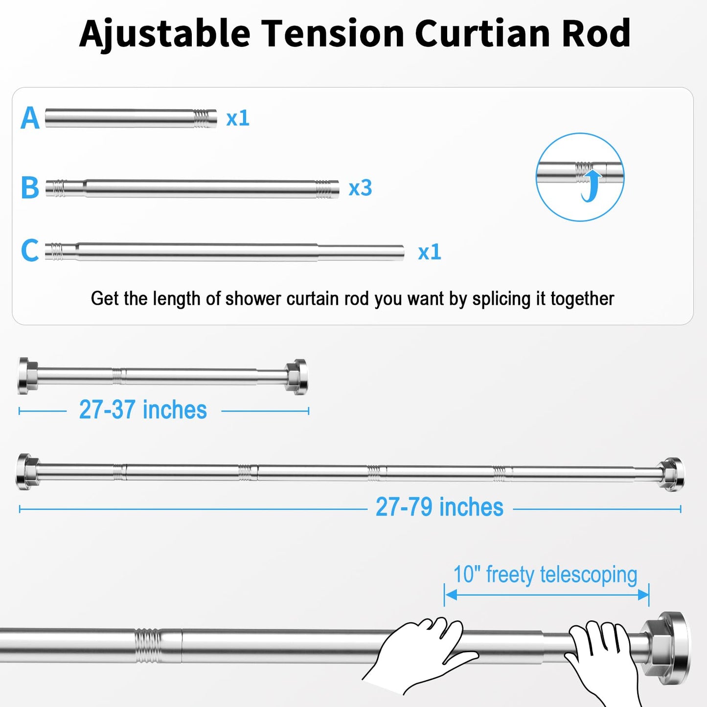 Shower Curtain Rod 27-79 Inches, Adjustable Tension Shower Rod No Drilling, No Slip, Spring Tension Curtain Rod for Bathroom Kitchen Closet Windows - Silver