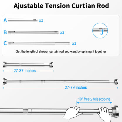 Shower Curtain Rod 27-79 Inches, Adjustable Tension Shower Rod No Drilling, No Slip, Spring Tension Curtain Rod for Bathroom Kitchen Closet Windows - Silver