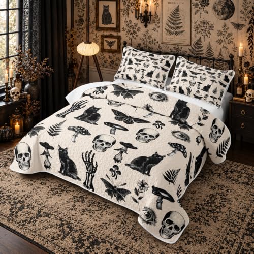 Feelyou Halloween Goth Skull Quilt Set with Black and White Variation Queen Bedding