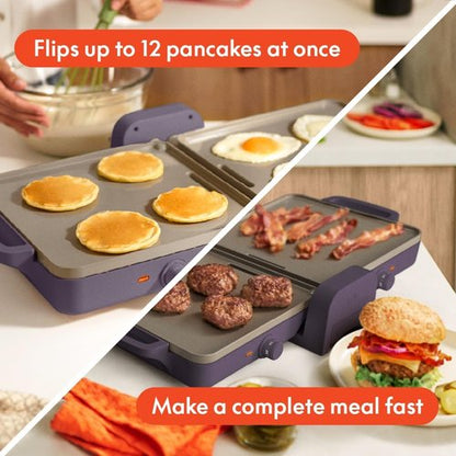 Bella 10" x 20" Ceramic Fold-N-Store Griddle - Dual Temp Up to 400°F | Nonstick, Dishwasher Safe, Plum