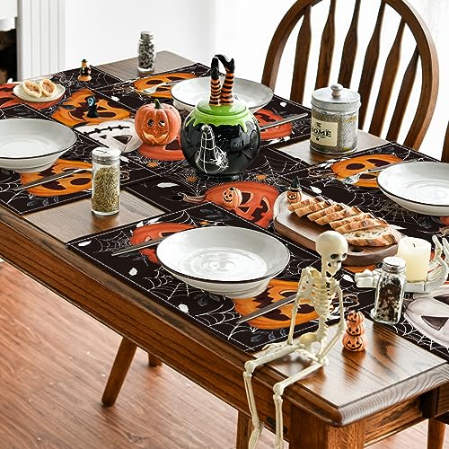 Halloween Black Pumpkins Spider Web Placemats Set of 6 12x18 Inch - Fall Holiday Decor