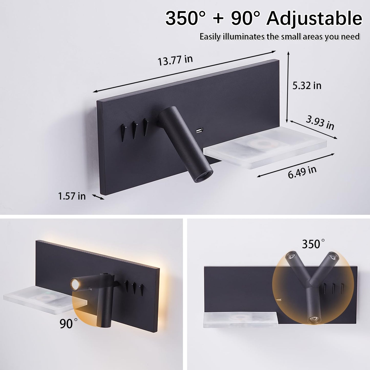 Reading Light Wall Mounted with Wireless Charger & USB Port, LED Book Light for Reading in Bed, Plug in Wall Light for Bedroom, 10W Background Light and 3W Spotlight 3000K Bedside Lamps