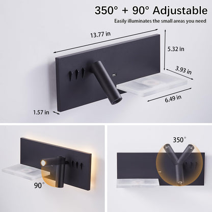 Reading Light Wall Mounted with Wireless Charger & USB Port, LED Book Light for Reading in Bed, Plug in Wall Light for Bedroom, 10W Background Light and 3W Spotlight 3000K Bedside Lamps