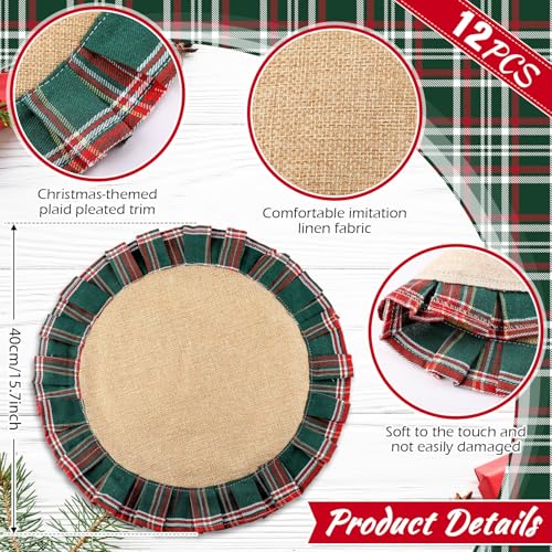 Christmas Plaid Round Placemats Set - Red Green, 12 Pack, 15.75 Inch