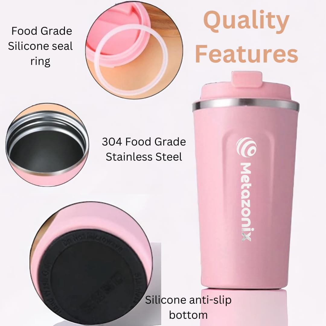 Metazonix - Travel Coffee Mug - 17oz Stainless Steel Coffee Mug - Coffee Travel Mug Spill Proof Leak Proof - Insulated Coffee Mug With Lid - Travel Coffee Tumbler - BPA Free (Pink)