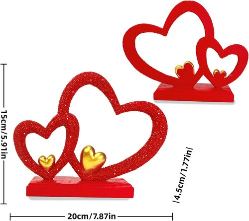Double Heart Sculpture - Romantic Room Decor with Gold Accents | 7.9" Faux Beaded Statue for Anniversary & Wedding Gifts