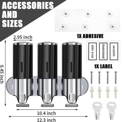 3 in 1 Bathroom Shampoo and Conditioner Dispenser with Waterproof Labels - Drill Free Shower Soap Dispenser Wall Mounted for Home Hotel RV | 3x17oz Refillable Bottles