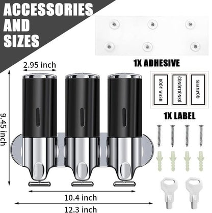 3 in 1 Bathroom Shampoo and Conditioner Dispenser with Waterproof Labels - Drill Free Shower Soap Dispenser Wall Mounted for Home Hotel RV | 3x17oz Refillable Bottles