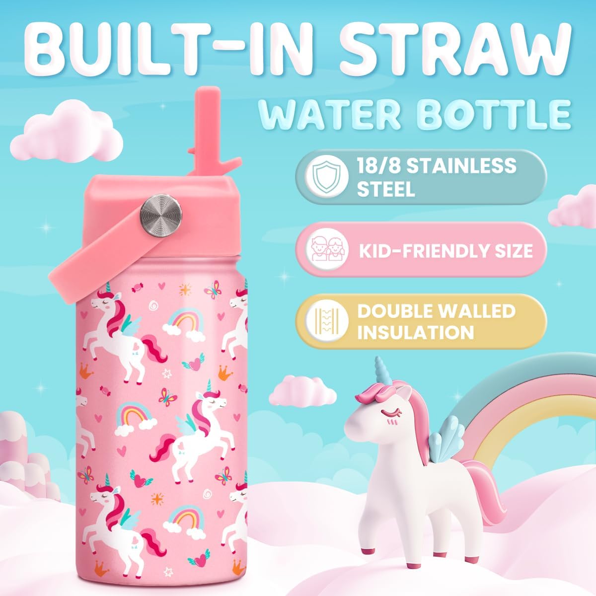 Skiennix Unicorn Water Bottle - 12 Oz Insulated Stainless Steel with Straw Lid | Perfect for Kids' School Sports