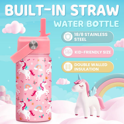 Skiennix Unicorn Water Bottle - 12 Oz Insulated Stainless Steel with Straw Lid | Perfect for Kids' School Sports