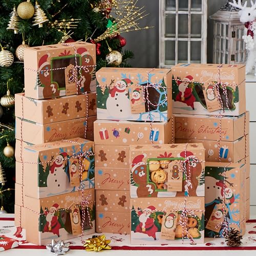 24-Piece Christmas Cookie Boxes with Window - Kraft Design Pastry Box Set, Auto-Popup Gift Boxes 8.75 x 5.75 x 2.75, JOYIN