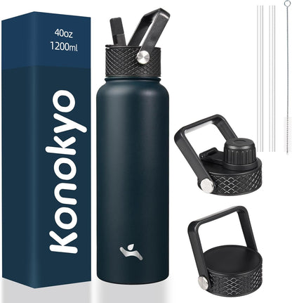 Skiennix 40oz Insulated Stainless Steel Water Bottle - Durable Sport Bottle with 3 Lids | Navy Blue