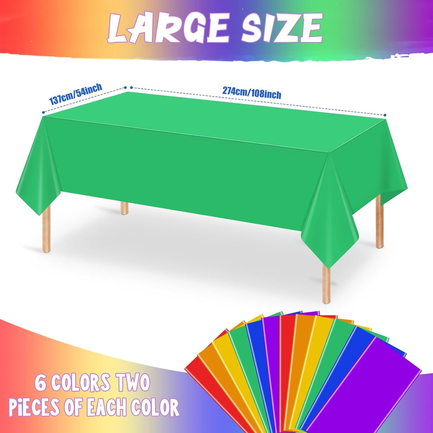 Regine Switzerland 12-Pack Disposable Rainbow Tablecloths - Colorful Rectangle Covers for Parties | 54 x 108 Inch