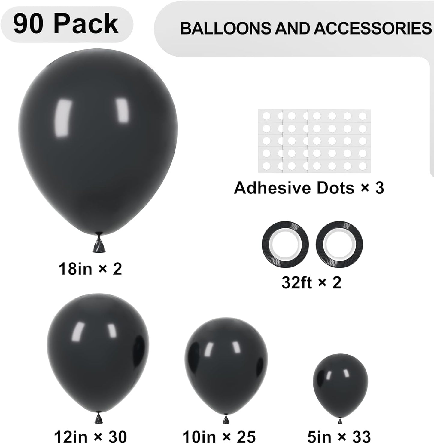 Voircoloria Black Balloon Garland Arch Kit - 90 Pack of 5/10/12/18 Inch Balloons for Weddings, Graduations & Parties