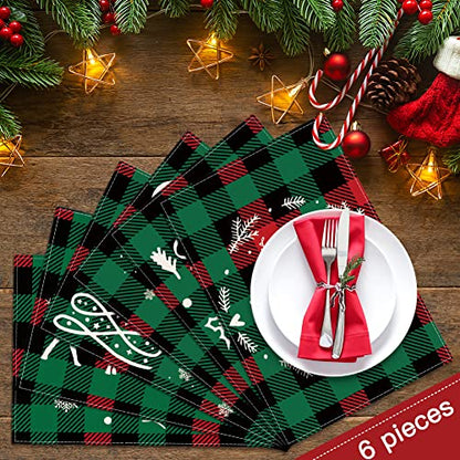 Christmas Placemats Set of 6 - Red Green Buffalo Plaid Holiday Table Decor