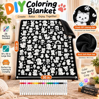 DIY Coloring Blanket with 24 Oil-Based Markers - 59x50in Soft Fabric