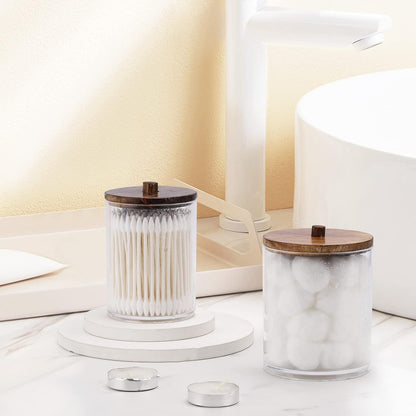 Tbestmax Qtip Holder Dispenser - 4 Pack Clear Plastic Apothecary Jars with Brown Wood Lids | 12oz & 10oz Storage