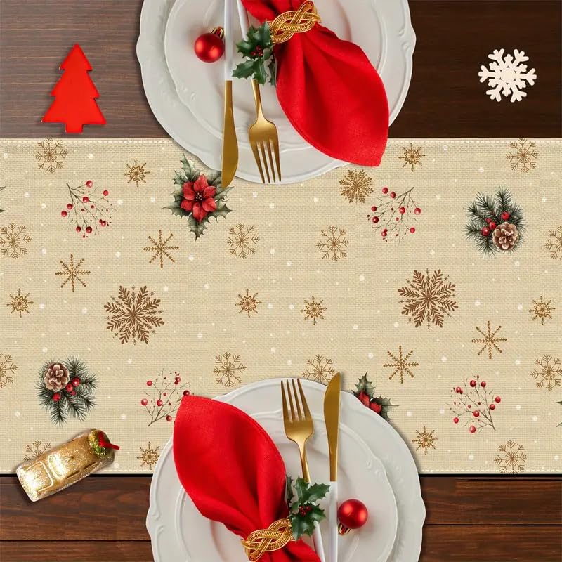 Multi Color Xmas Snowman Pine Cone Snowflake Table Runner 13x72 Inch Holiday Decor