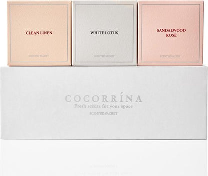 COCORRÍNA Scented Sachet Set - 3 Aromatic Bags in Sandalwood Rose, Clean Linen & White Lotus | Ideal Car Air Freshener Gift