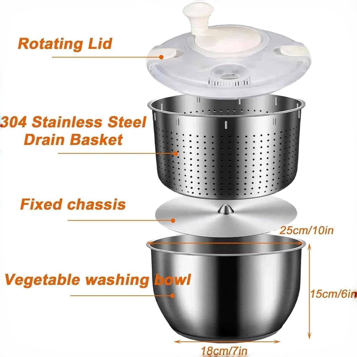 Stainless Steel Salad Spinner,6L Salad Spinner,Lettuce Spinner with Drain,Multifunctional Kitchen Tool for Lettuce, Pasta, French Fries (Stainless Steel 6L)