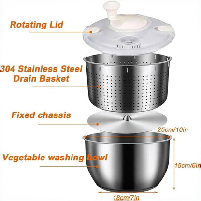 Stainless Steel Salad Spinner,6L Salad Spinner,Lettuce Spinner with Drain,Multifunctional Kitchen Tool for Lettuce, Pasta, French Fries (Stainless Steel 6L)