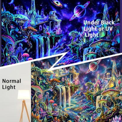 Blacklight Galaxy Space Tapestry UV Mushroom Planet Wall Hanging - Alien, 59.1" x 51.2"