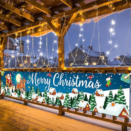 Blue Santa Sled Christmas Banner Outdoor Yard Sign 210x40cm for Festive Decor