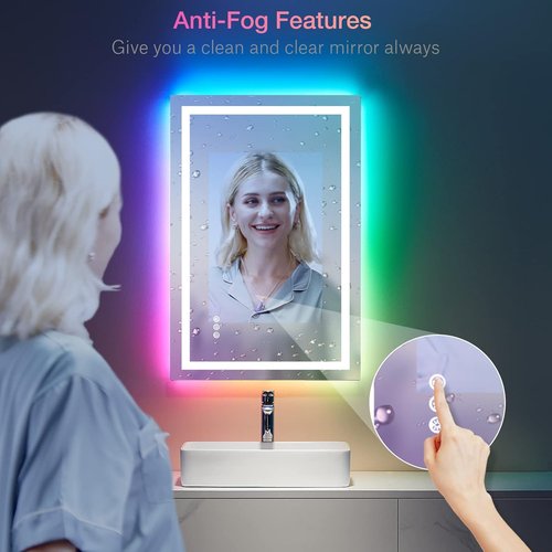 LOAAO LED Bathroom Mirror - 28" x 32" Anti-Fog, Dimmable, RGB Backlit & Front Lighted with Memory Function