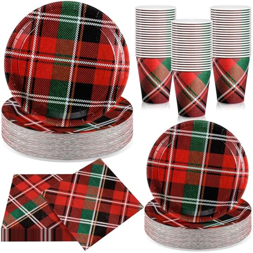 Domensi Plaid Christmas Party Supplies Set for 50 Guests - Paper Plates, Cups & Napkins