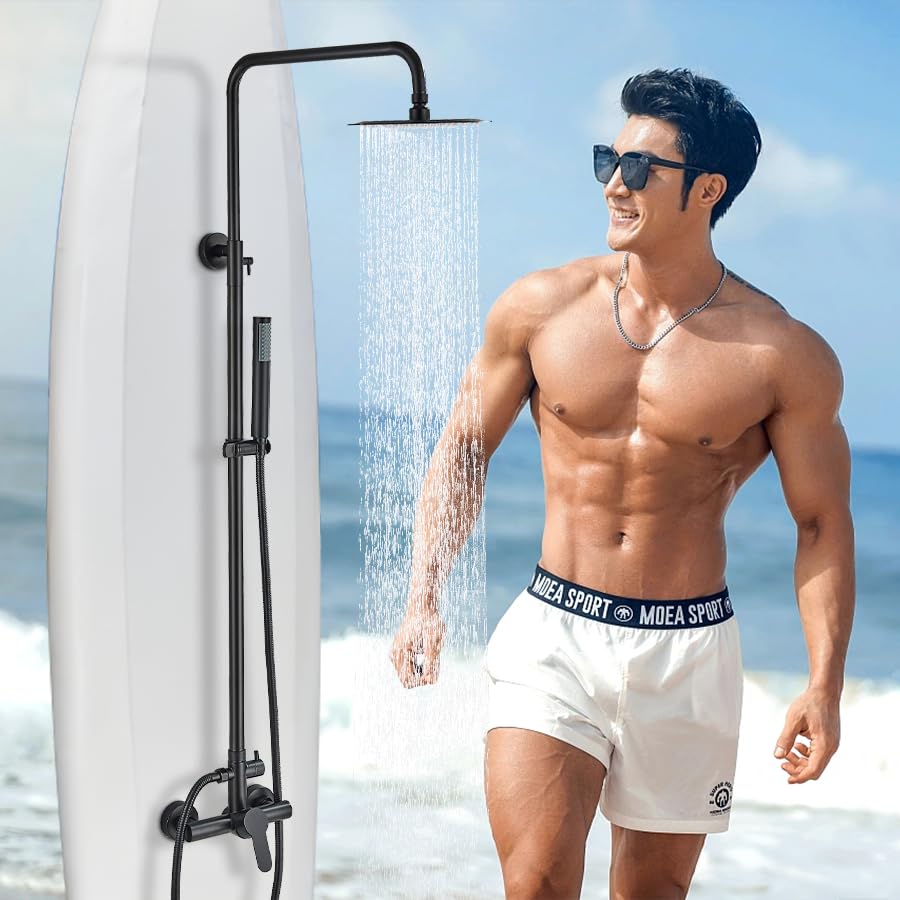 MOSSON Antique Brass Shower System Bathroom Shower Faucet Set with 8 Inch Shower Head Handheld Spray and 360 ° Rotation Tub Spout 2 Cross Handles Outdoor Shower Fixtures