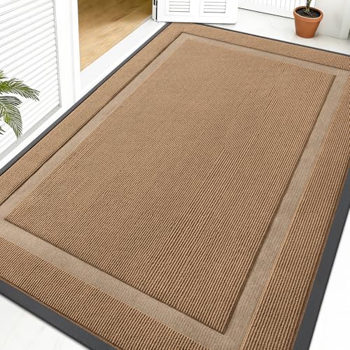 OLANLY Front Door Mat Indoor Outdoor Entrance, Waterproof All-Season, All-Weather Doormat, Sturdy Natural Rubber, Fade Resistant, Low Profile, Easy Clean Patio Porch Entryway Mat, 59x40, Light Borwn