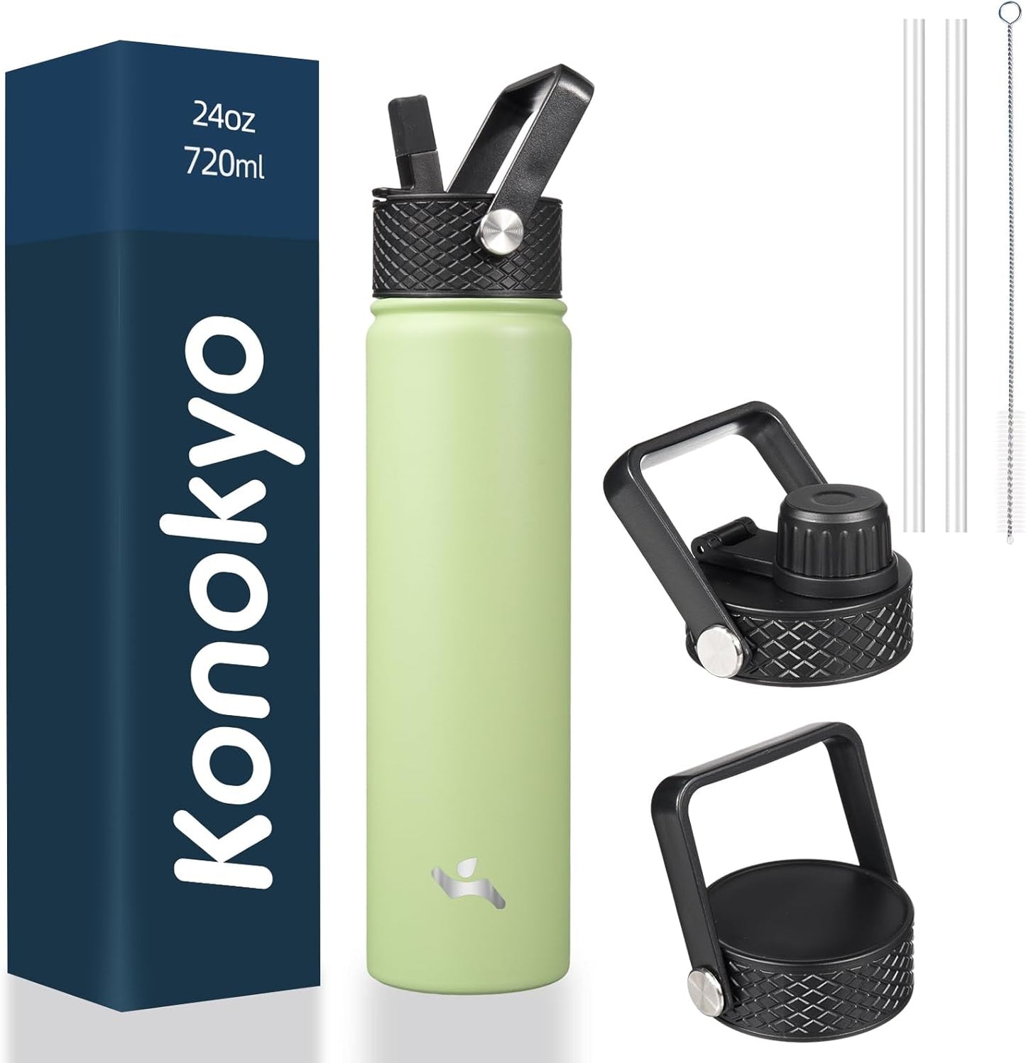 Skiennix Insulated Water Bottle - 24oz Stainless Steel Sport Bottle with 3 Lids | Macaron Green