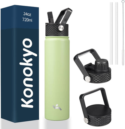 Skiennix Insulated Water Bottle - 24oz Stainless Steel Sport Bottle with 3 Lids | Macaron Green