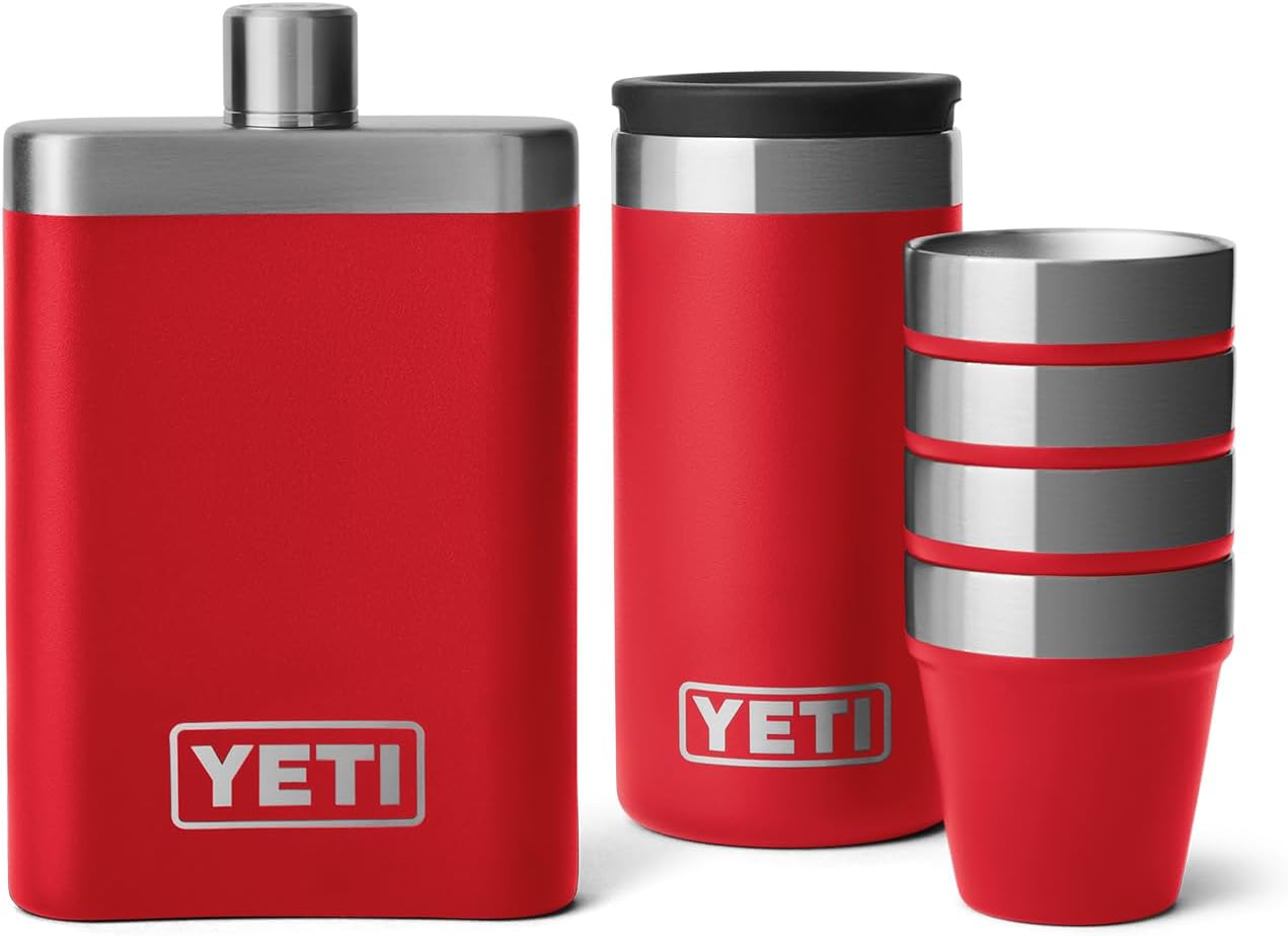 YETI 7 oz Flask with Color Matching Set of Shot Glasses, Rescue Red