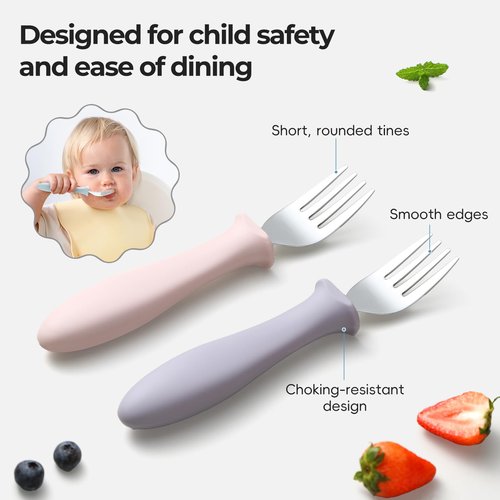 6 PCS Toddler Forks Set - Baby Forks with Silicone Handle Children Food Grade 18/8 Stainless Steel Toddler Utensils Set for Self Feeding Kids Silverware Set Safe Anti-Choke Design Dishwasher Safe