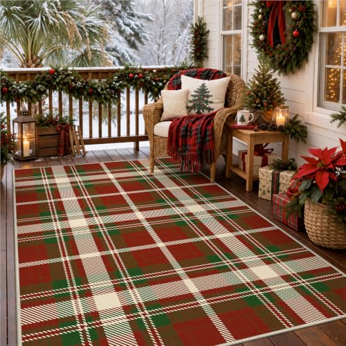 Outdoor Washable Area Rug 8x10 Feet - Red Checkered, Quick Dry for Patio & Entryway - Christmas Red, Non-Slip Backing