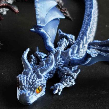 Skiennix 3D Printed Blue Silver Dragon Figurine - 11.8 Inch Collectible Desk Decor