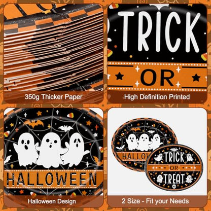 Halloween Ghost Paper Plates & Bowls Set - Disposable Tableware for Party, 50 Pieces