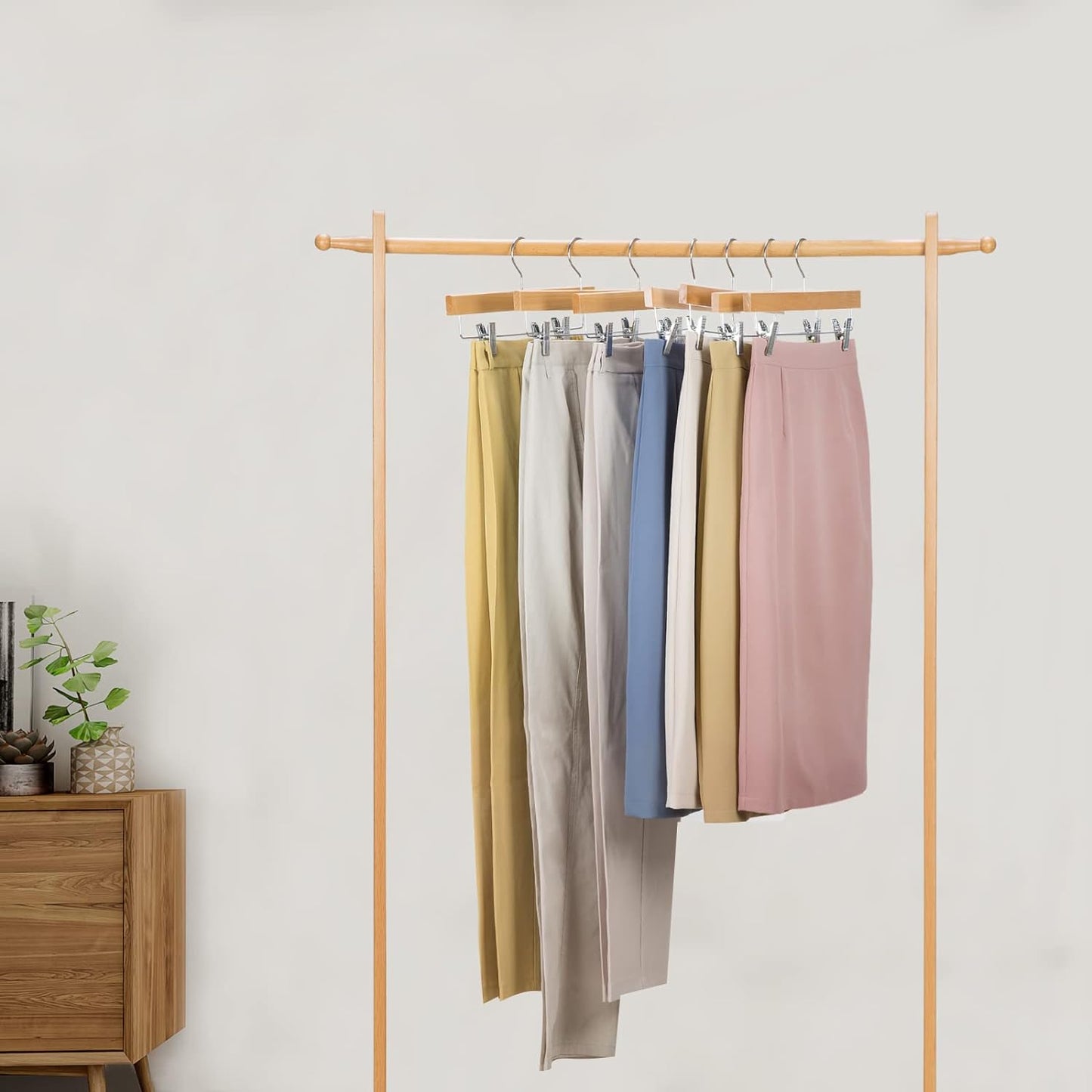 Nature Smile Deluxe Wooden Pants Hangers - Solid Lotus Wood with 2 Adjustable Clips | Pack of 10 (Natural)