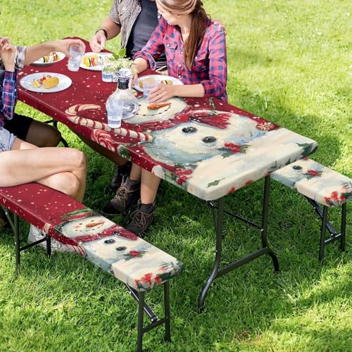 Snowman Picnic Table Cover with Bench Covers - Waterproof Christmas Outdoor Table Cover, 94 x 30 in, Cute Snowman Variation