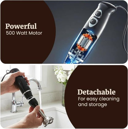 Elite Gourmet Immersion Hand Blender - 500 Watts, 2-Speed, Stainless Steel Blades | Perfect for Smoothies, Baby Food, Soup - Black