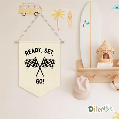 Dilemat Race Car Room Decor for Boys Linen Pennant Banner - Ready Set Go Racing Pennant Flag Banner Wall Hanging Decor for Car Room Decor for Boys Playroom Nursery