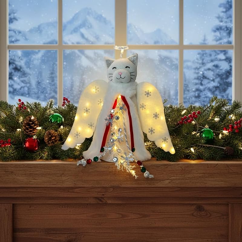 Christmas Cat Angel Tree Topper with LED Halo — White Glowing Wings