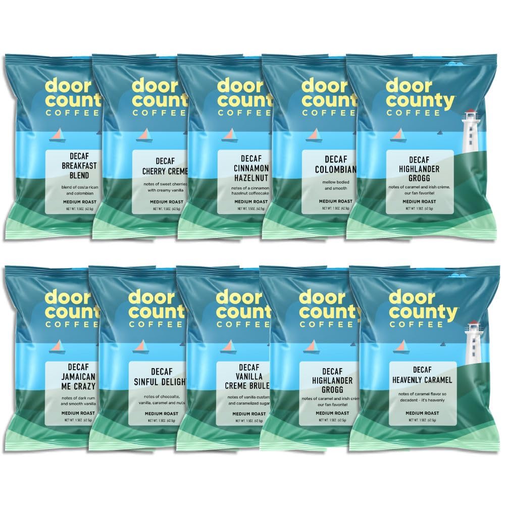Door County Coffee Gourmet Flavored Decaf Coffee Sampler Pack - 10 Unique 1.5 oz Bags of Specialty Grade 1 Arabica