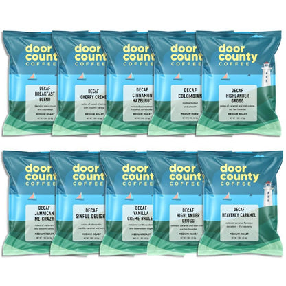Door County Coffee Gourmet Flavored Decaf Coffee Sampler Pack - 10 Unique 1.5 oz Bags of Specialty Grade 1 Arabica