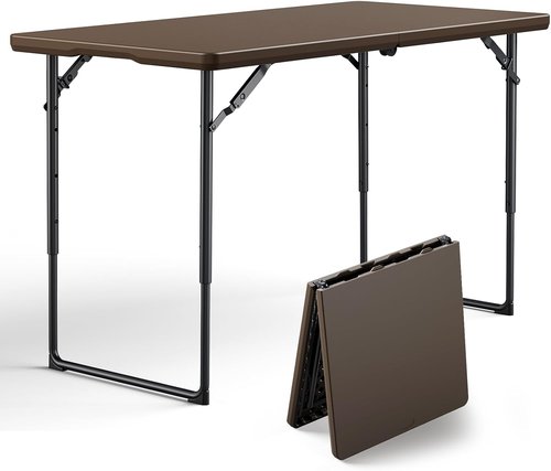 Folding Table | 4FT Heavy Duty Plastic with Handle - Portable & Foldable for Outdoor Events, Brown