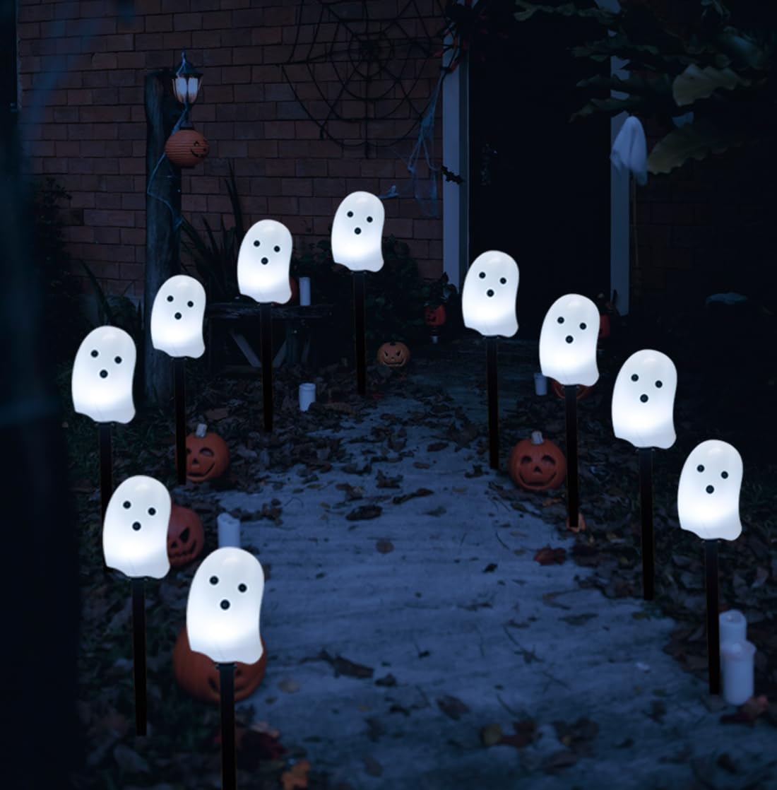 Fcysy Halloween Decorations Solar Lights Outdoor, 6 Pcs Solar Powered Halloween Lighted Ghosts Pathway Stake String Lights, Halloween Party Décor Walkway Lights, Halloween Yard Garden Solar Light