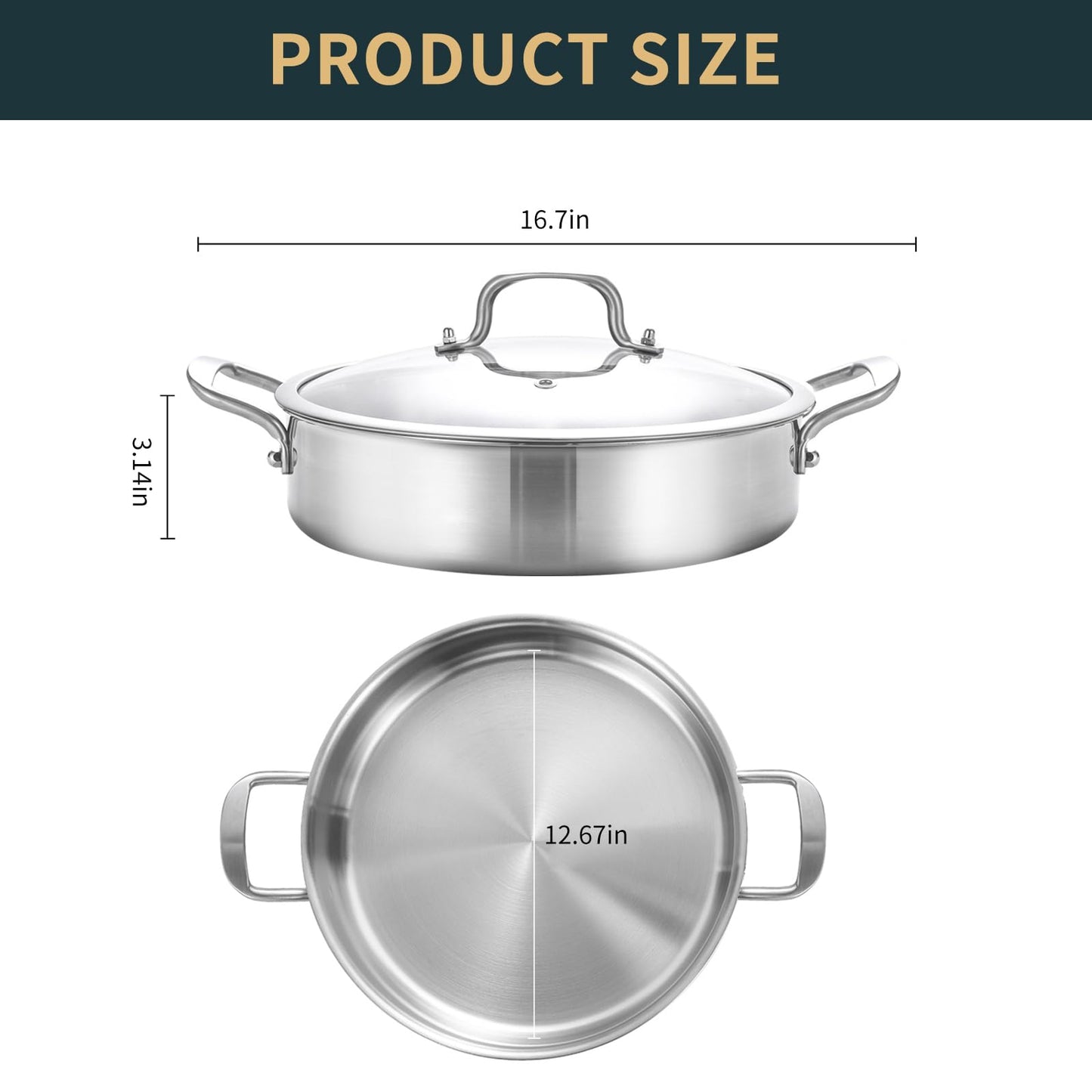 Yeksum 6QT Saute Pan with Lids, 3-Ply Stainless Steel Large Fry Pan, 12inch Induction Skillet with Lids, Healthy 18/10 inner Cooking Pan, Silver, Oven & Dishwasher Safe