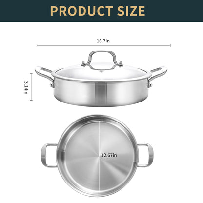 Yeksum 6QT Saute Pan with Lids, 3-Ply Stainless Steel Large Fry Pan, 12inch Induction Skillet with Lids, Healthy 18/10 inner Cooking Pan, Silver, Oven & Dishwasher Safe